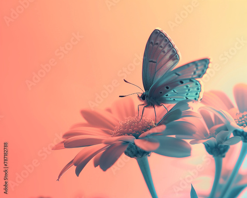 Wallpaper Mural A butterfly sitting on top of flowers with a pastel orange and pink background. Ethereal dreamscapes with soft edges and blurred details. Minimal spring and summer idea Torontodigital.ca