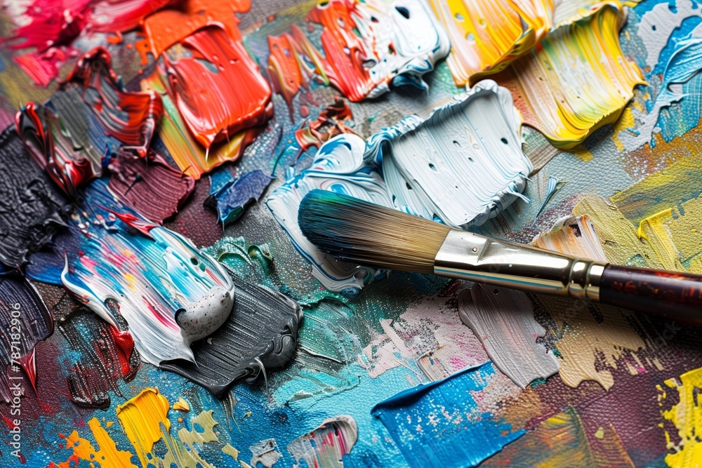 Fototapeta premium Vibrant oil paints and brush on palette