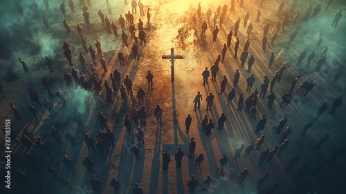 A large group of people are gathered around a cross photo