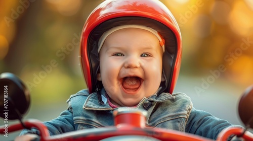 Laughing Baby Wearing a Helmet on a Toy Motorcycle. Generative ai