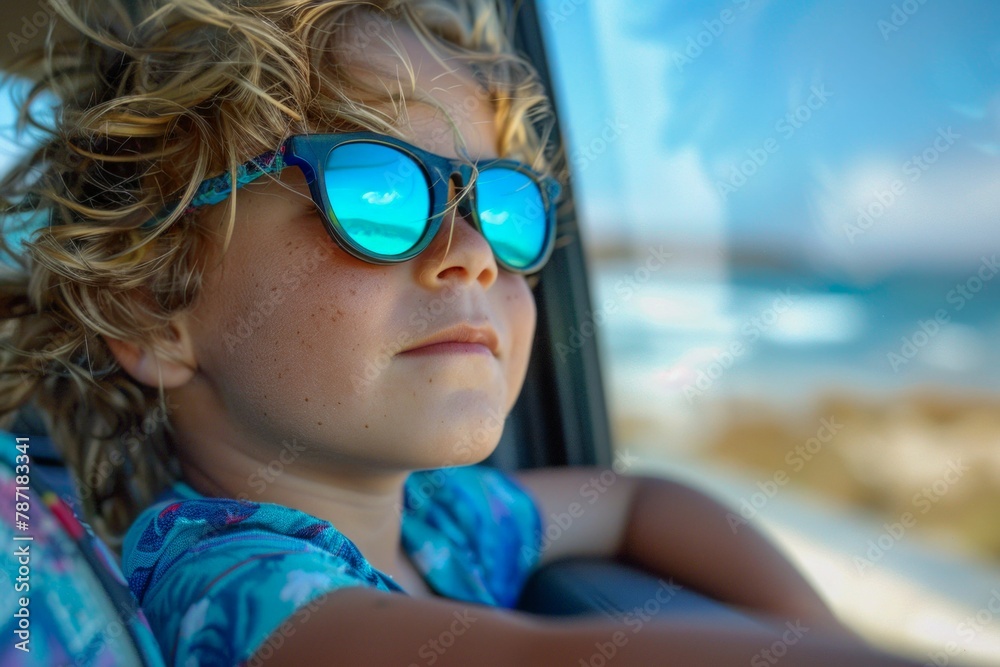 Young Boy Enjoying Road Trip in Sunglasses. Generative ai Young Boy Enjoying Road Trip in Sunglasses. Generative ai