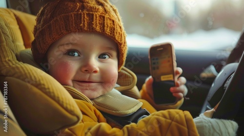 Joyful Baby in a Car Seat Enjoying a Sunny Day Ride. Generative ai