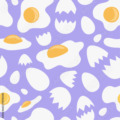 White eggs, broken shells and sunny side up fried eggs on violet background arranged in vector seamless pattern. Vibrant surface art for printing on different materials or use in graphic design.