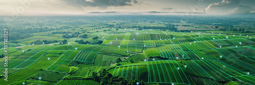 A smart agriculture scene with sensors and drones monitoring crop health and irrigation levels in a field.