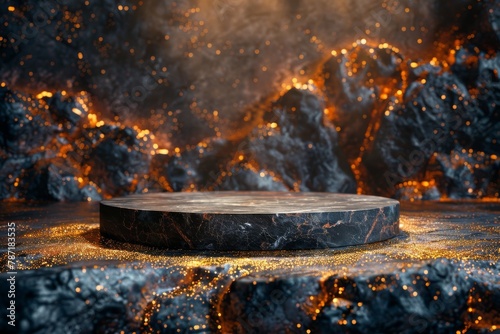 An intense image portraying a podium against a backdrop resembling volcanic textures, surrounded by fiery golden glitter