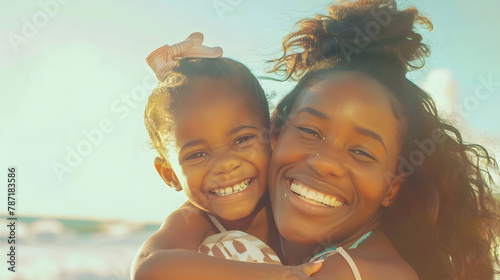 Smiling young black mother and beautiful daughter having fun on the beach with copy space Portrait of happy sister giving a piggyback ride to cute little girl at seaside Lovely kid emb : Generative AI photo