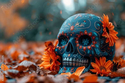 Strikingly colorful decorated skull set amongst vibrant autumn leaves, evoking Day of the Dead festivities