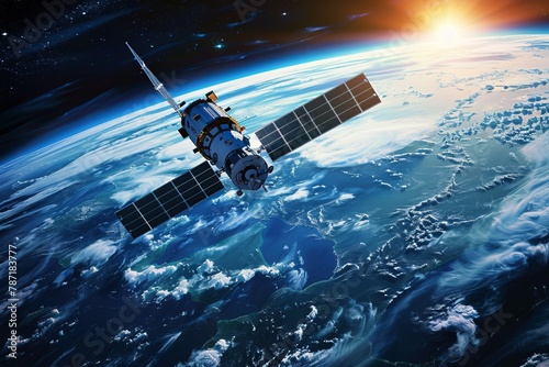view of satellite around the earth clouds in the background photo