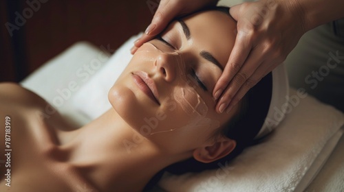  Woman getting a face massage at a spa salon. A closeup of hands applying cream on her cheek with a white towel over her head. Woman skin care and facial concept.