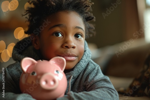 A child holding a piggy bank looking thoughtfully into the distance with warm lights in the background