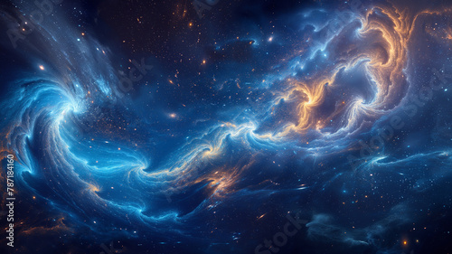 A beautiful blue and orange galaxy with a swirl of stars