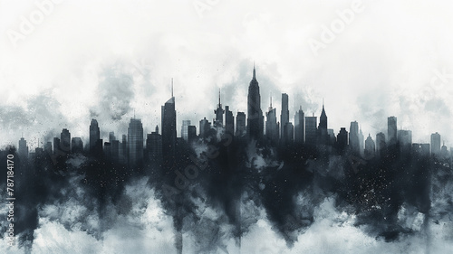 A city skyline is shown in black and white with a hazy, smoggy atmosphere