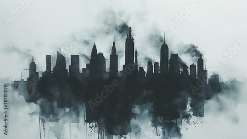 A city skyline is shown in a painting with a foggy atmosphere