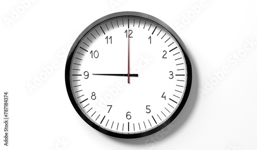 Time at 9 o clock - classic analog clock on white background - 3D illustration