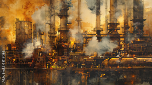 A painting of a factory with smoke and steam coming out of it