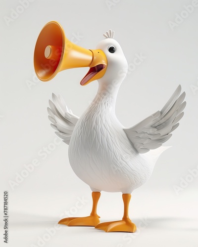 A cute kawaii 3D mascot character design cartoon duck is quacking into a megaphone. photo