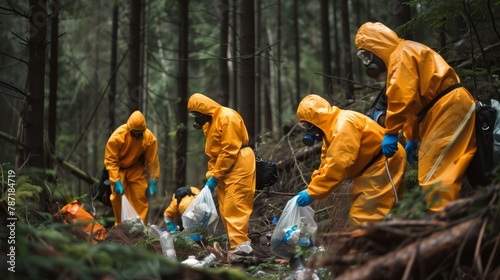 group of people in hazmat costumes clearing forest from trash.  photo