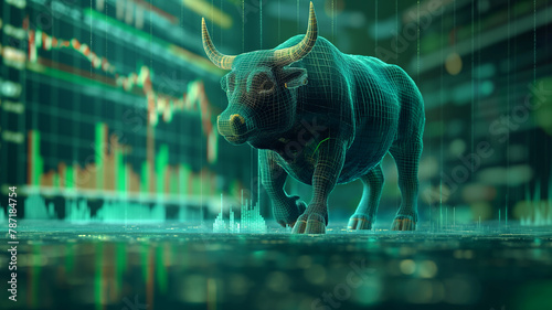 A bull is walking through a city with a lot of financial data on the walls