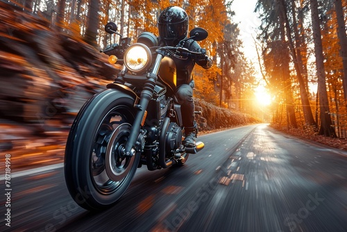 A motorcyclist enjoys a tranquil ride through a forest road bathed in the warm light of a setting sun, giving a sense of freedom © Larisa AI