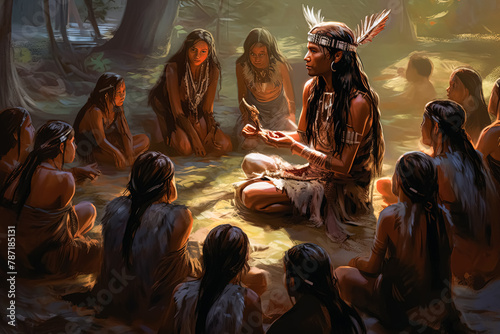 A group of Native American women are sitting in a circle around a man