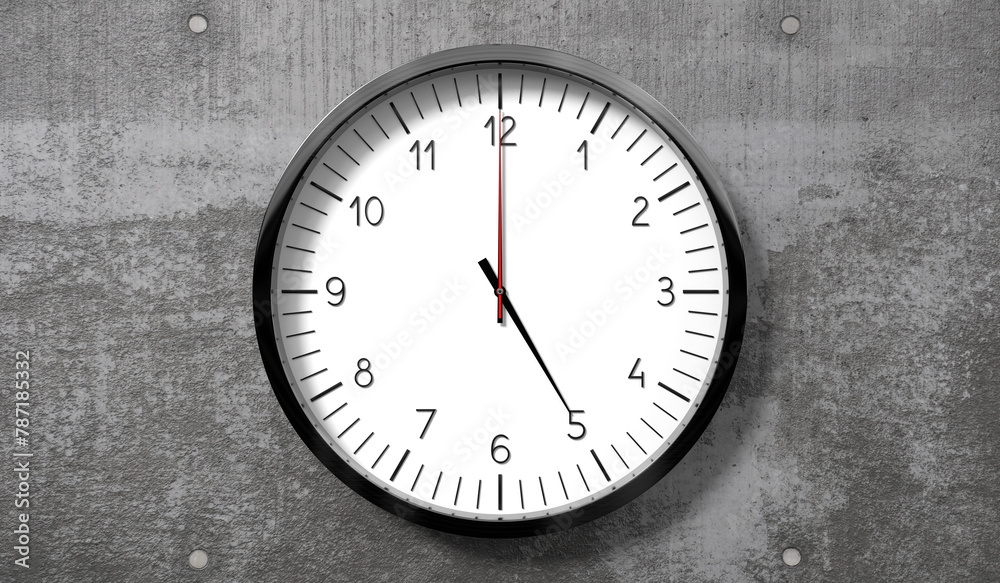 Time at 5 o clock - classic analog clock on rough concrete wall - 3D illustration Time at 5 o clock - classic analog clock on rough concrete wall - 3D illustration
