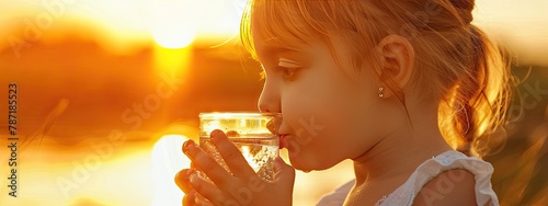 a little girl drinks water from a glass on the background of the sunset