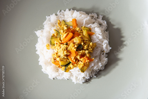 Basmati rice with tofu and vegetable curry.