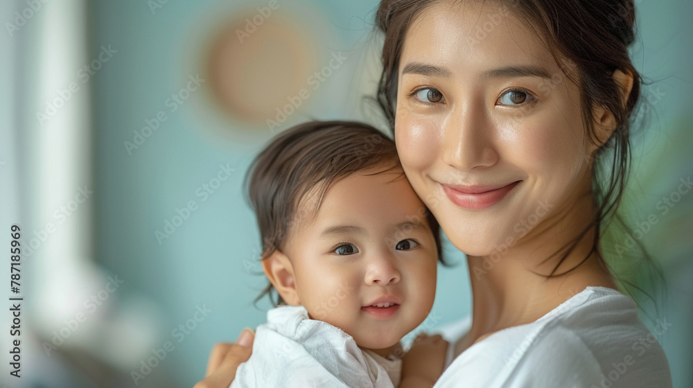 A beaming Korean mother dressed in a white T-shirt A beaming Korean mother dressed in a white T-shirt