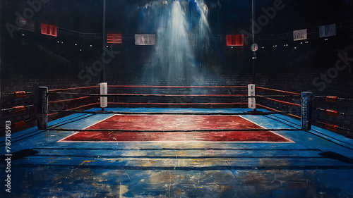 A boxing ring with a red mat and a blue background © CtrlN