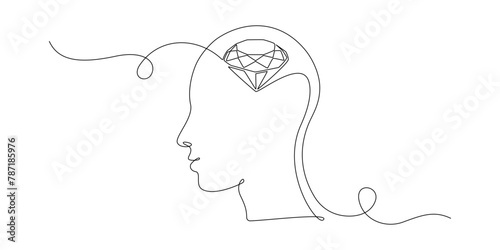Human head with diamond inside in One Continuous line drawing. Genias inspiration and perfection creative idea concept in simple linear style. Editable stroke. Doodle outline Vector illustration