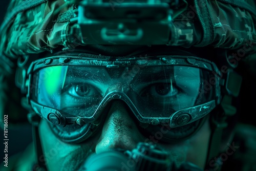 Soldier in tactical gear with night vision goggles