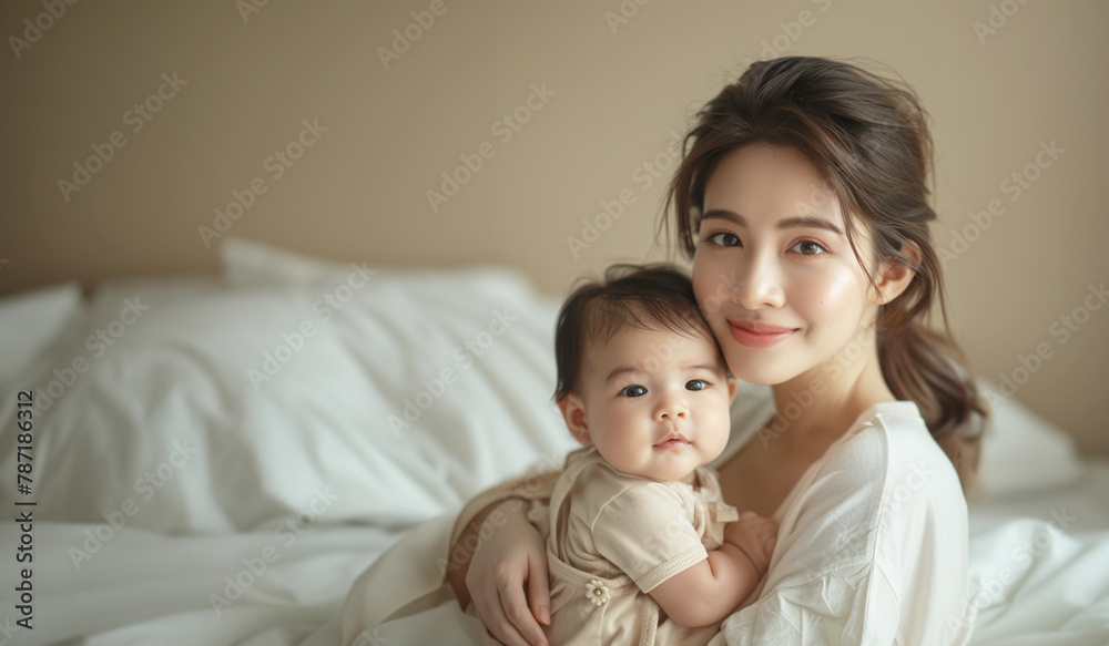 A content Malaysian mother in a white T-shirt cuddling her baby A content Malaysian mother in a white T-shirt cuddling her baby
