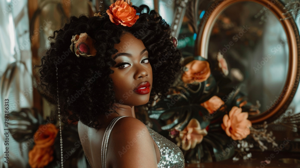 A black woman with flawless honeytoned skin stands in front of a mirrored art deco vanity her luscious curls cascading down her back. She wears a shimmering flapper dress that hugs . A black woman with flawless honeytoned skin stands in front of a mirrored art deco vanity her luscious curls cascading down her back. She wears a shimmering flapper dress that hugs .