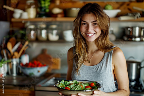 Stunning shot of a beautiful woman  with brown hair and smiling while holding a fresh salad bowl in her hands standing in a kitchen at home