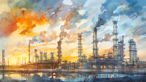 A painting of a large industrial plant with a sunset in the background