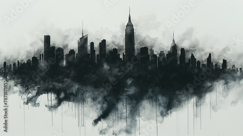 A city skyline is painted in black and white with a smoky haze