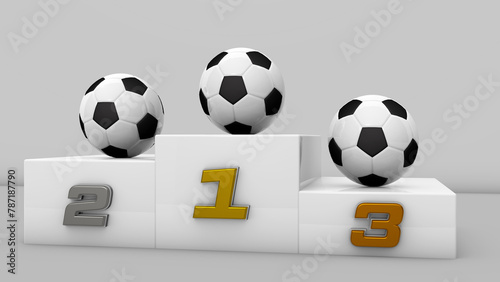 Podium square for first, second and third place with soccer ball. Award ceremony. Elements in 3D renderings. White podium with reflections. Gold, silver and bronze winners ceremony.