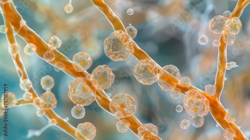 A high magnification image of fungal threads undergoing reproduction through the formation of spores. The threads are covered in small
