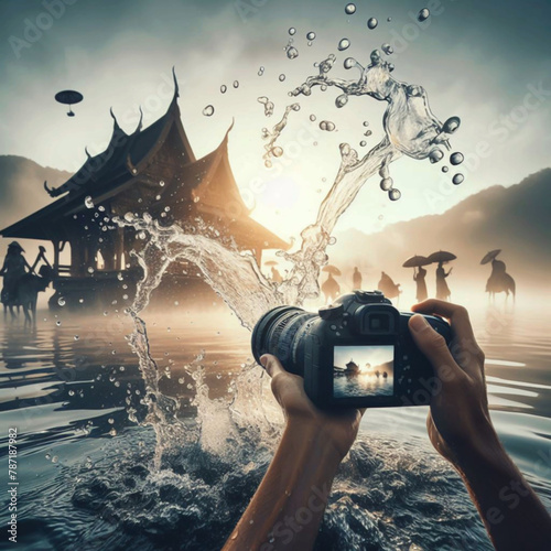 Close-Up: Camera Lens Coated in Refreshing Water Spra photo