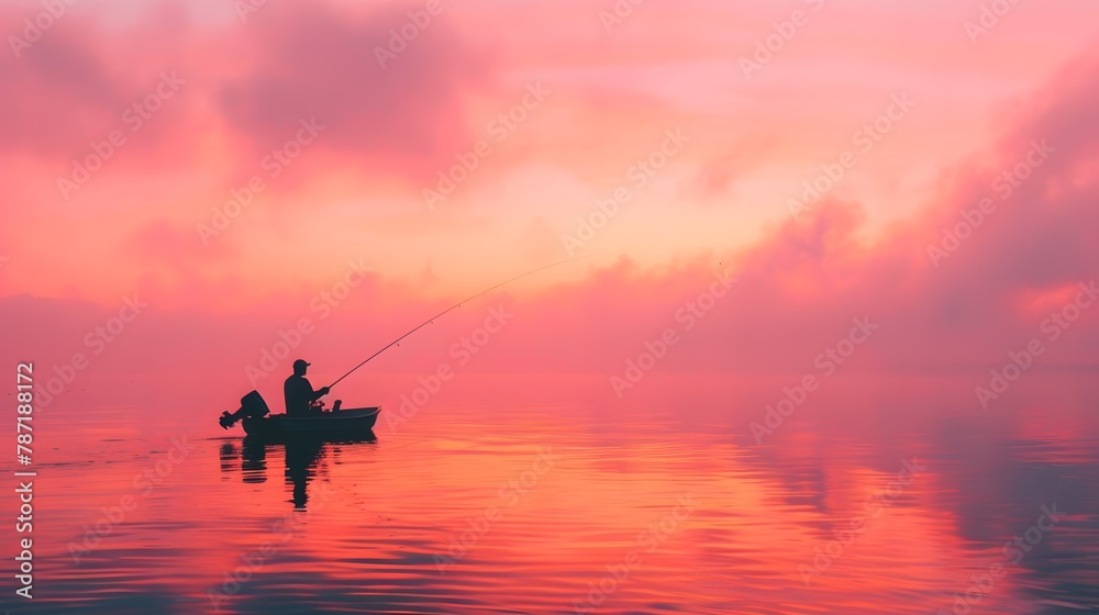 Morning Scene Person Fishing at Sunrise with Majestic Mountains and Reflective Lake