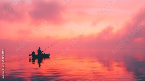 Morning Scene Person Fishing at Sunrise with Majestic Mountains and Reflective Lake © Maksym