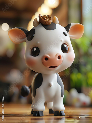 The baby cow stands naturally and looks lovingly at the camera. Soft lighting presents a high-end natural color scheme creating a bright and harmonious atmosphere. Wearing clothes