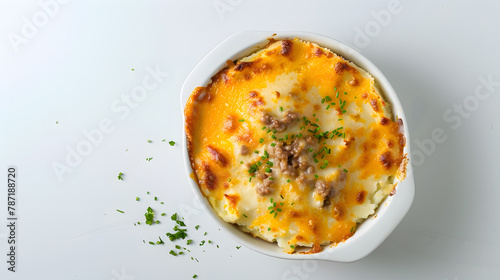 British dish Shepherds pie with ground meat mashed potato and cheddar cheese crust White background Top view Copy space : Generative AI
