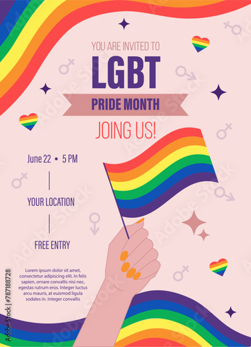 Invitation design for an LGBT event to celebrate Pride month. Hand holding LGBT flag. Elements of feminine and masculine principles, elements of the flag from below and from above. Text template