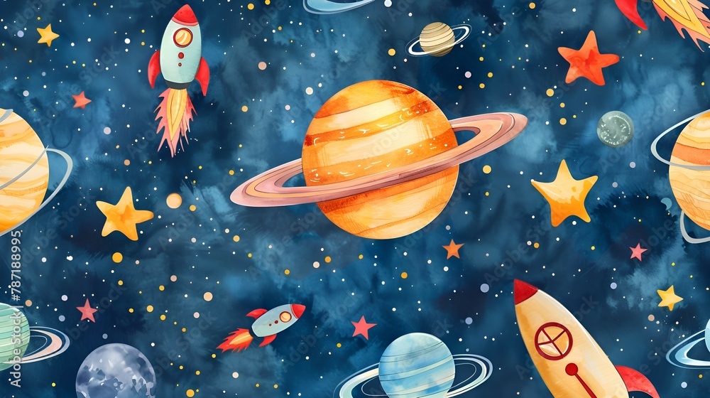 Naklejka premium Banner for the World Cosmonautics Day with an astronaut next to a rocket in pastel colors in the style of 3d illustrations with planets and stars around it