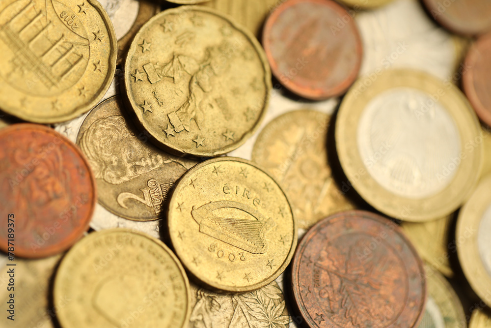 European money euro coins. Shiny coins of European union currency close up European money euro coins. Shiny coins of European union currency close up