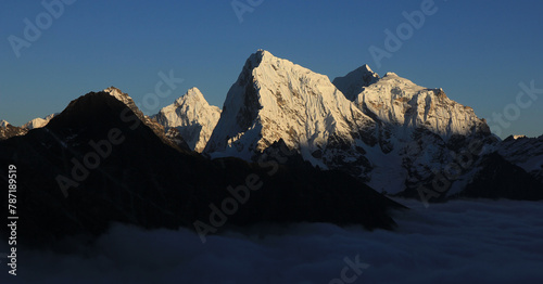 Snow covered peaks of Mt Ama Dablam, Cholatse, Taboche and Tobuche.