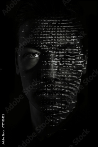 A man's face is shown in black and white with a computer screen behind him