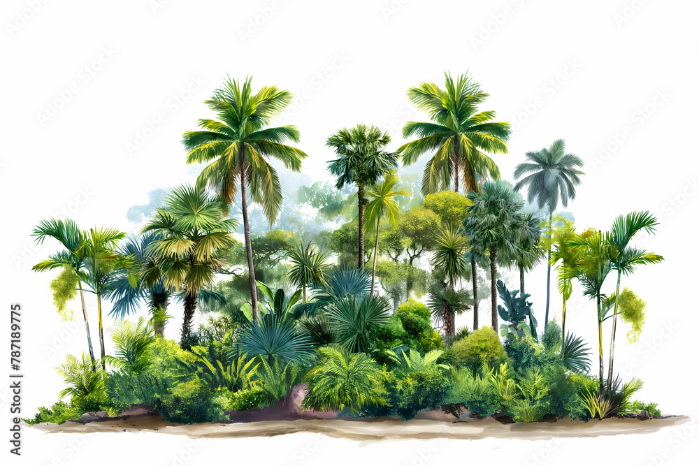 Fototapeta premium Tropical palm trees and bushes on white background