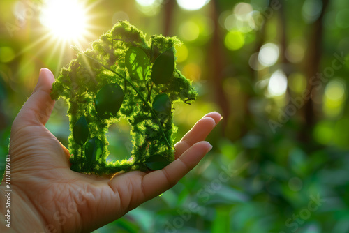 Miniature house model made green leaves, held gently in hand, with backdrop sunlit forest clearing